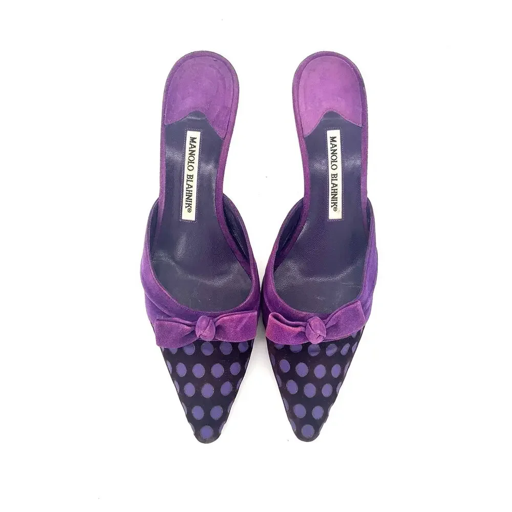 Manolo Blahnik Vintage Polka Dot Bow Pointed Toe Kitten Heel Mules 38.5 - Picture 7 of 9